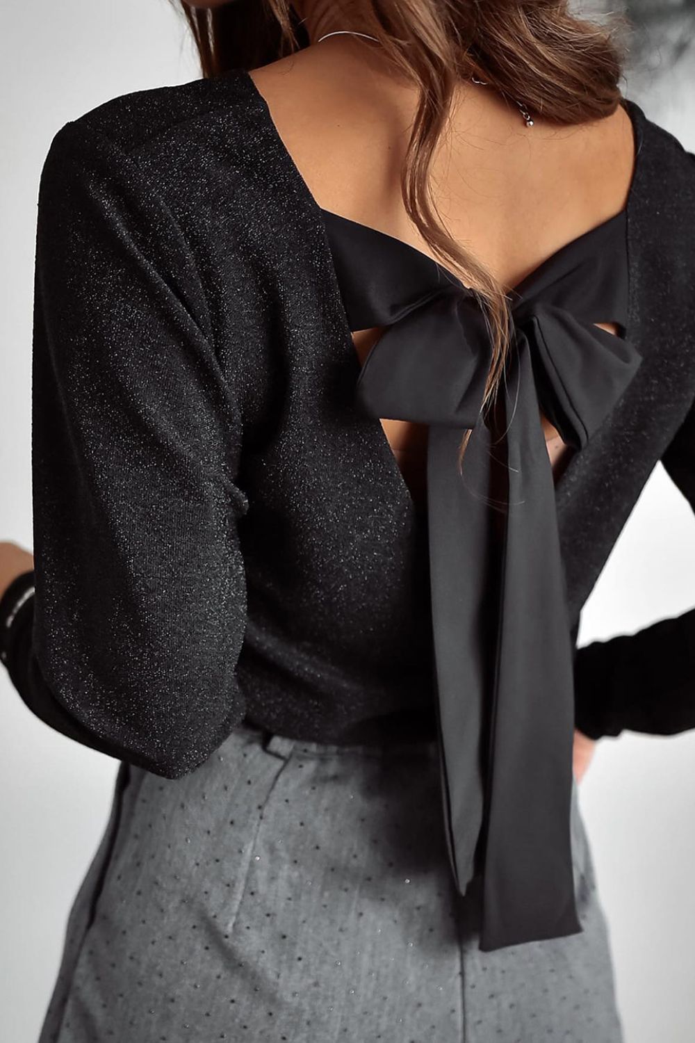 Bowknot V-Neck Long Sleeve Blouse Black OutfitFlow