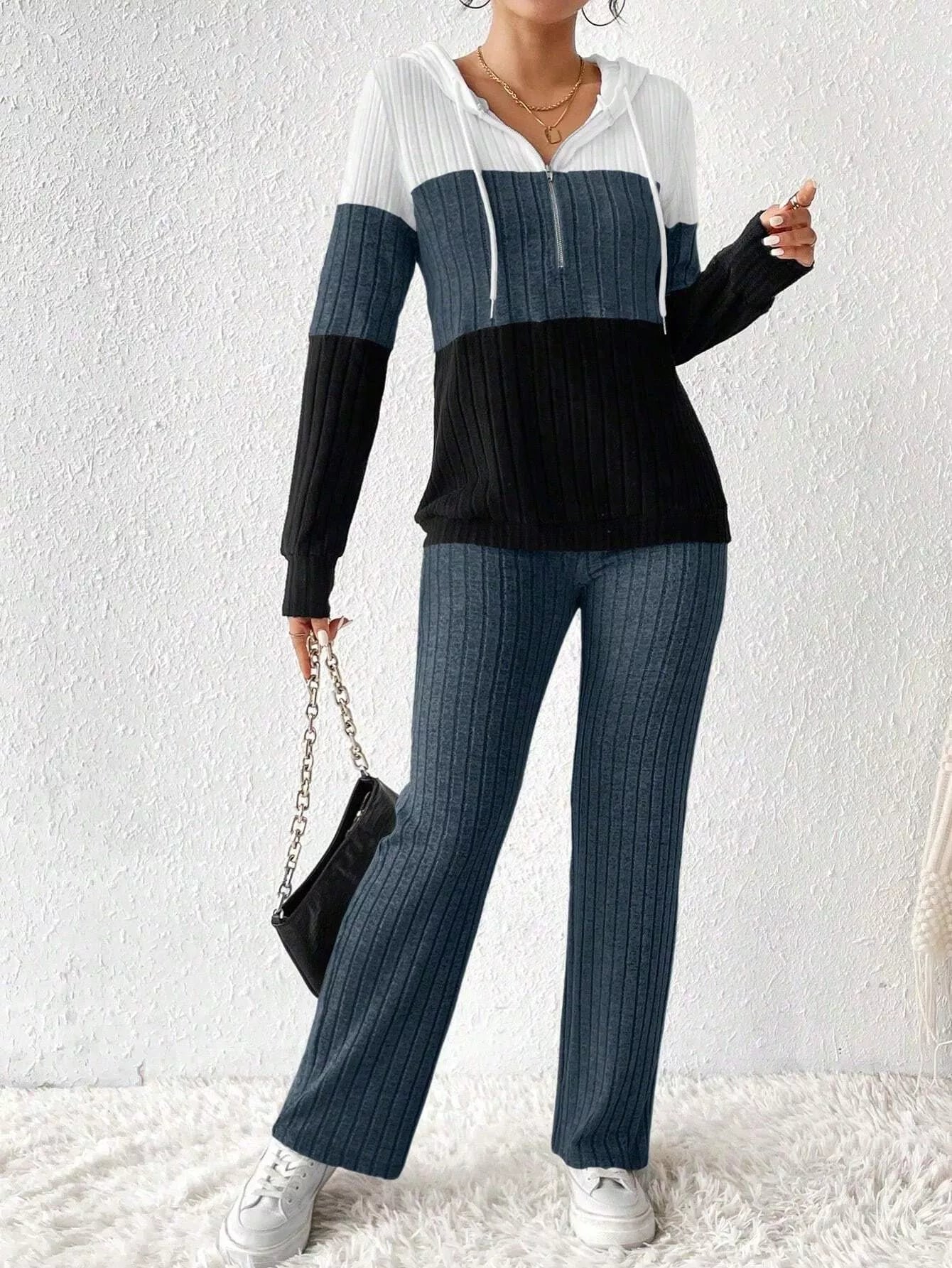 Color Block Half Zip Hooded Top and Pants Set OutfitFlow