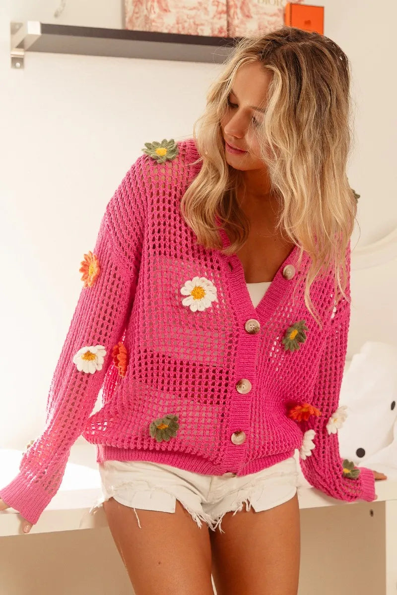 BiBi Flower Patches Open Knit Sweater Cardigan OutfitFlow