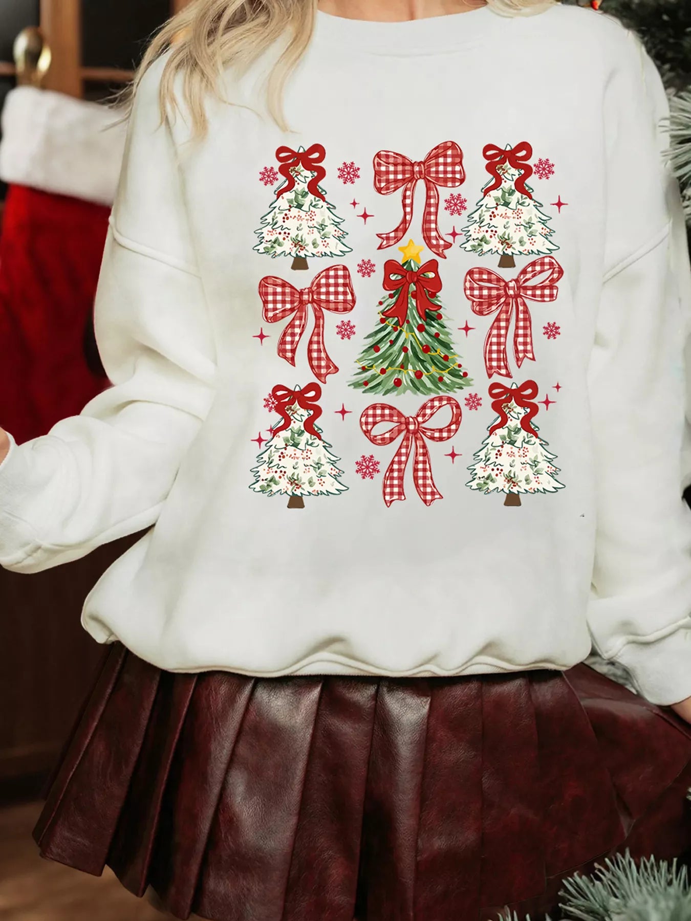 Christmas Tree Ribbon Bow Printed Drop Shoulder Sweatshirt OutfitFlow