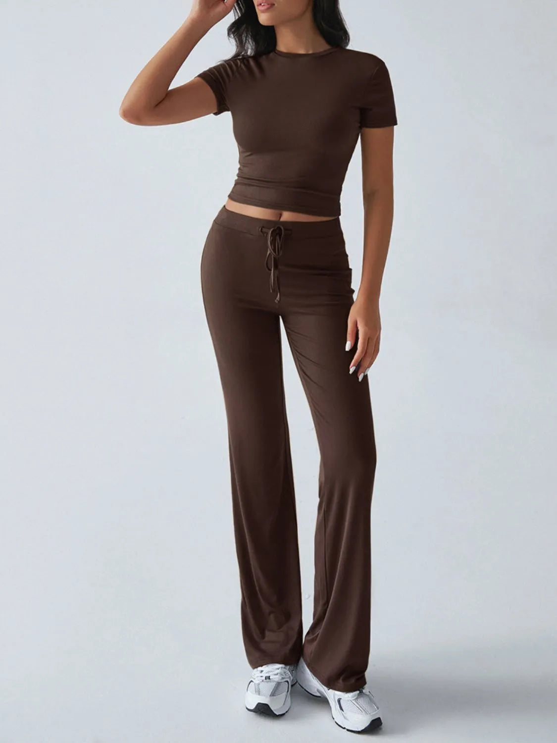 Round Neck Short Sleeve Top and Pants Set OutfitFlow