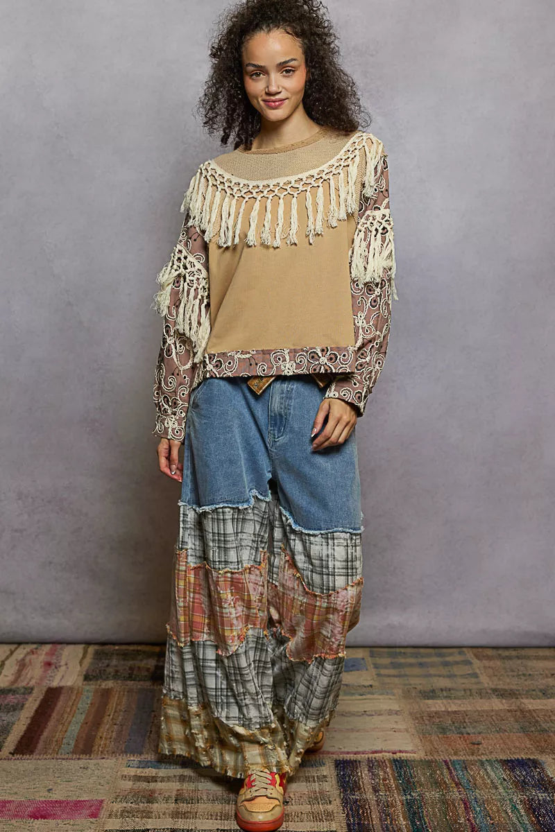 POL Contrast Floral Embroidery Balloon Sleeve Top with Tassel Trim OutfitFlow
