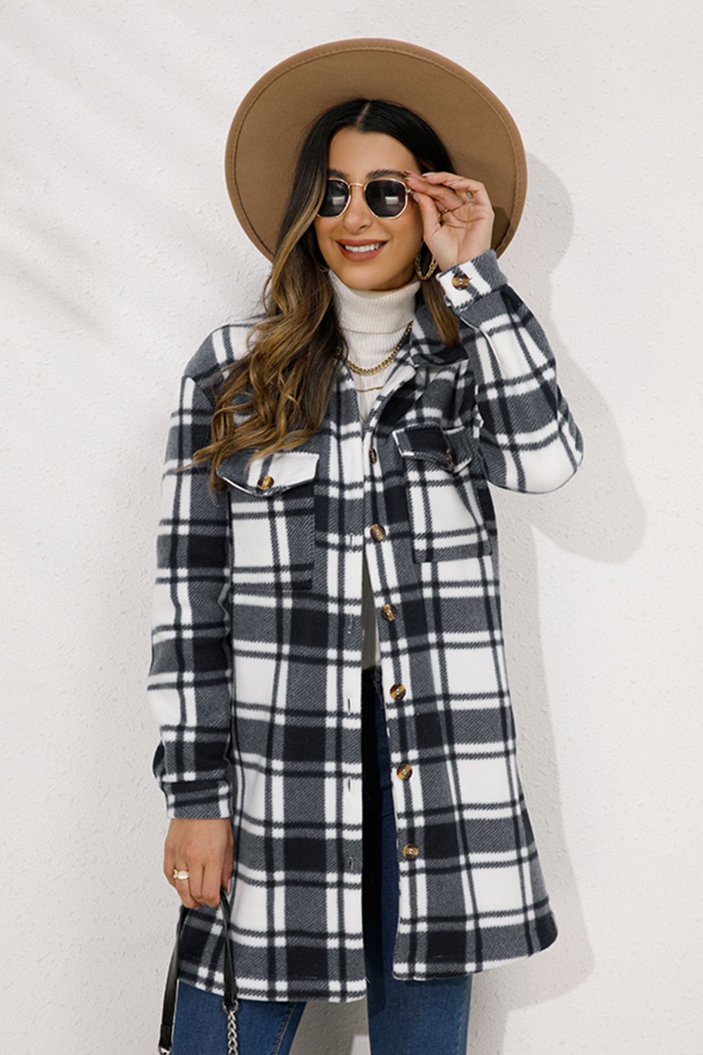 Shiny Plaid Collared Longline Coat Trendsi
