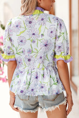 Floral Print Flounce Sleeve Peplum Blouse OutfitFlow