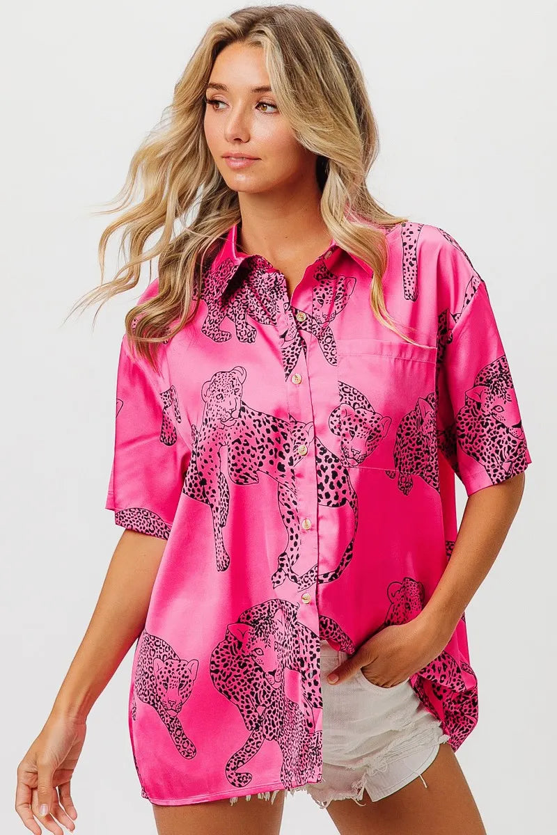 BiBi Leopard Print Short Sleeve Silky Satin Shirt Top FUCHSIA OutfitFlow
