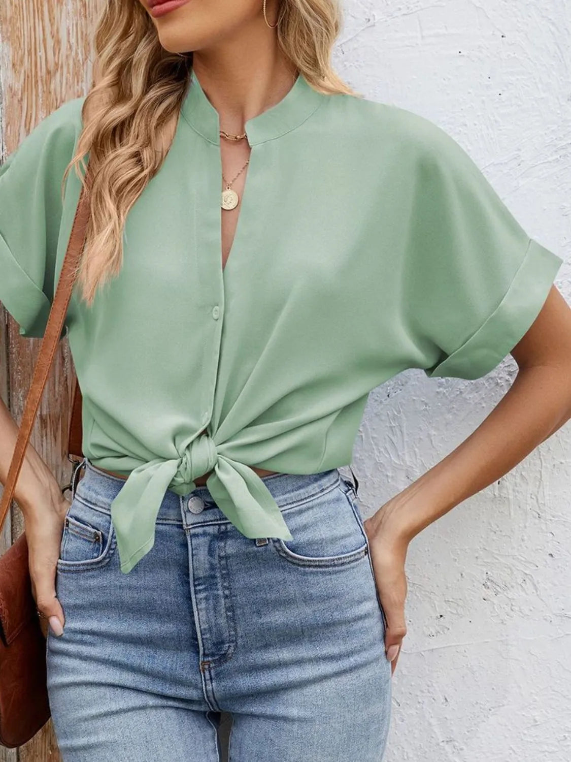 Notched Short Sleeve Blouse OutfitFlow