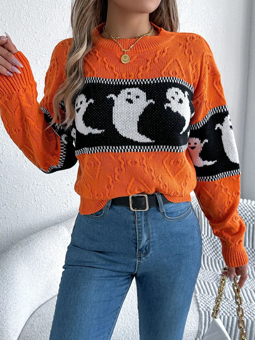 Ghost Round Neck Long Sleeve Sweater OutfitFlow