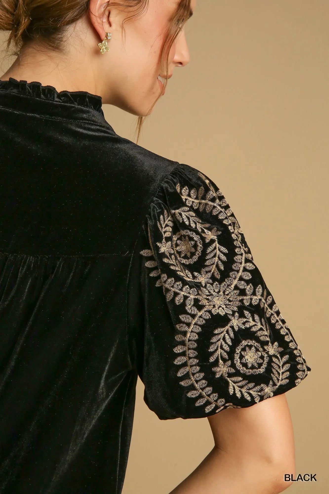 Umgee Full Size Velvet Embroidered Sleeve Blouse Plus Size OutfitFlow