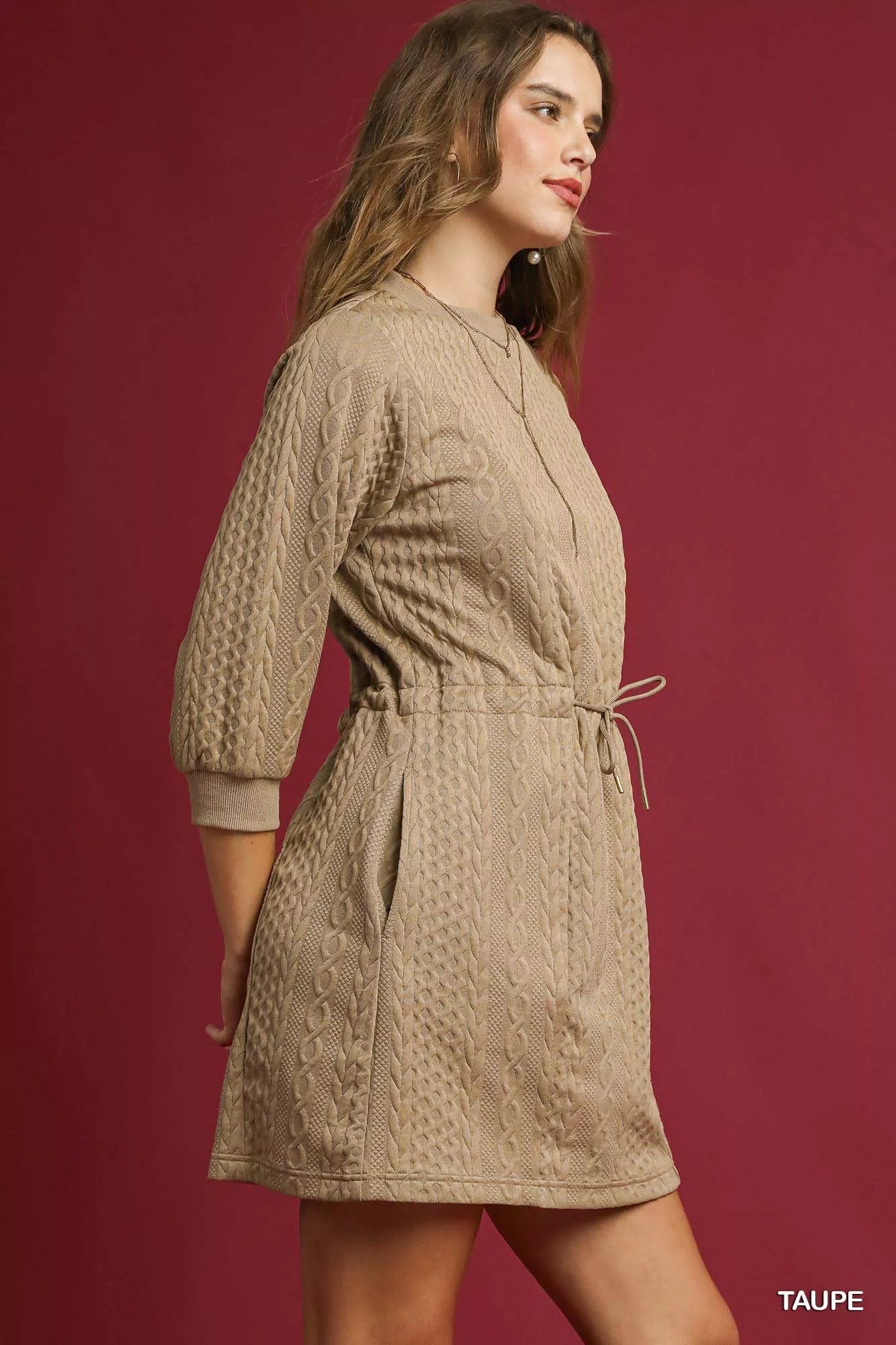 Umgee Drawstring Cable Knit Mini Dress with Pockets OutfitFlow