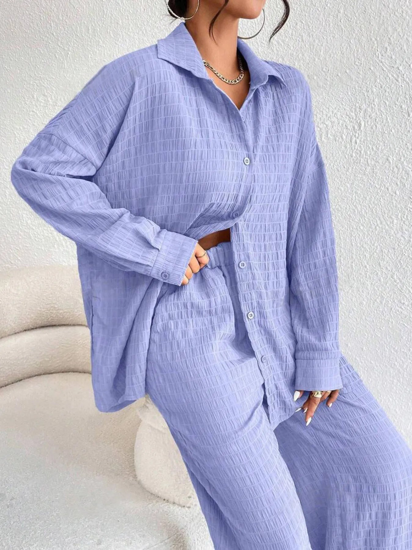 Button Up Long Sleeve Shirt and Pants Set OutfitFlow