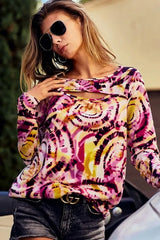 BiBi Print Tie Dye Rib Knit Top With Cut Out Neck OutfitFlow