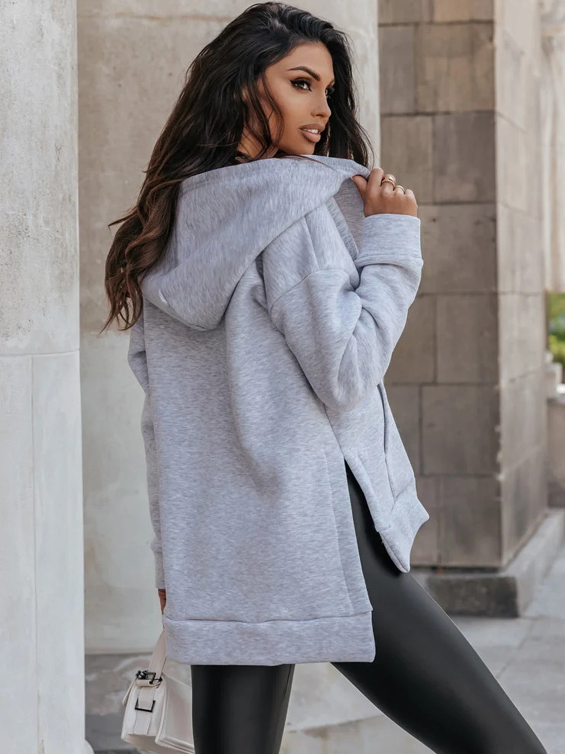 Outfit Flow - Zip-Up Slit Hoodie with Pockets