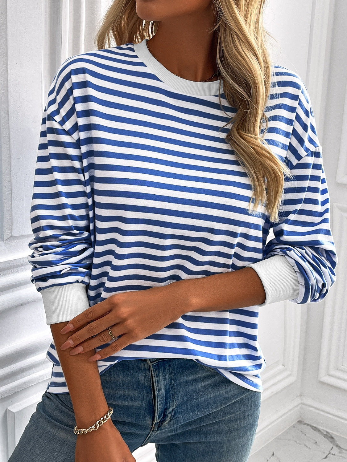 Outfit Flow - Ivy Lane Striped Round Neck Long Sleeve Sweatshirt