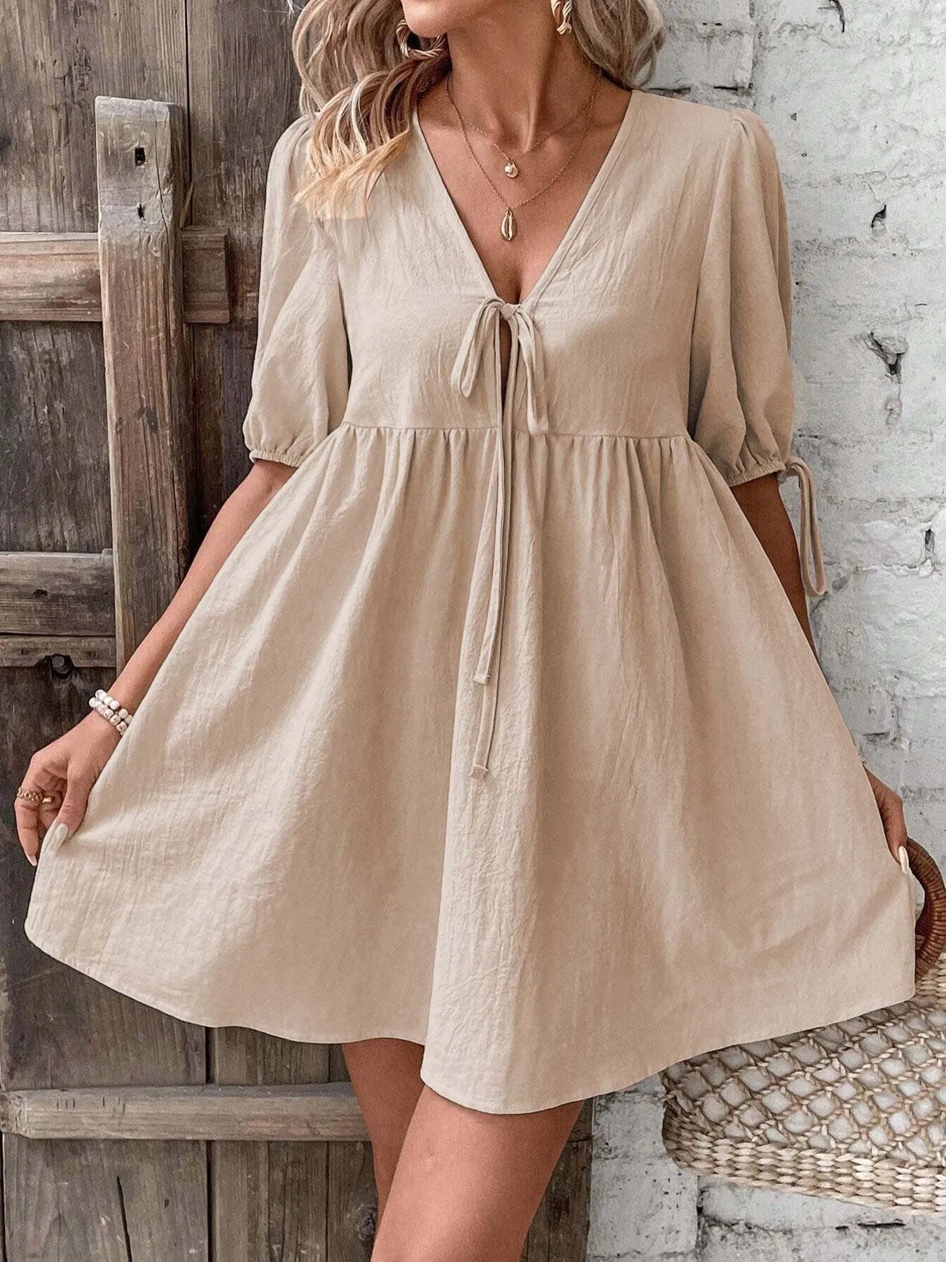 V-Neck Tie-Front Mini Dress with Puff Sleeves OutfitFlow