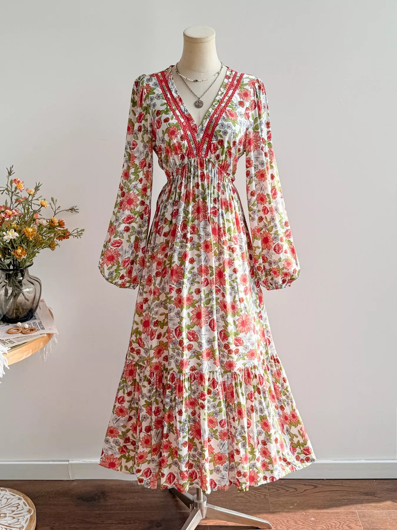 Floral Print V-Neck Bohemian Midi Dress Floral OutfitFlow