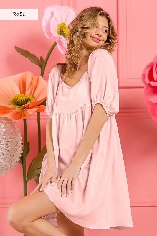BiBi Washed Linen Tiered Midi Dress with Puff Sleeves ROSE OutfitFlow