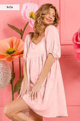 BiBi Washed Linen Tiered Midi Dress with Puff Sleeves ROSE OutfitFlow