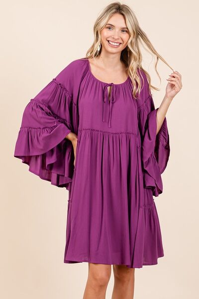 Mittoshop Frill Tie Neck Bell Sleeve Dress OutfitFlow