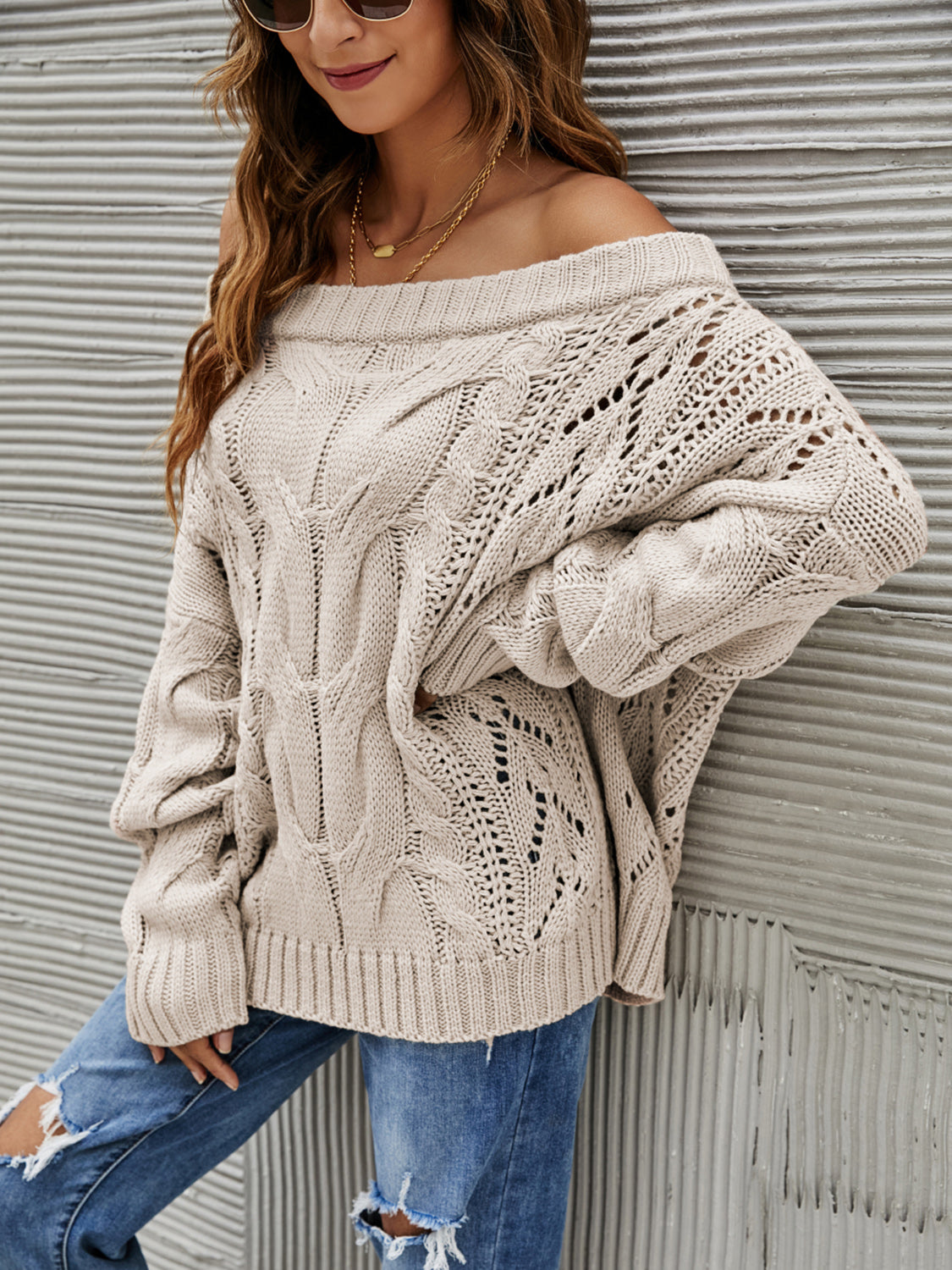 Outfit Flow - Cable Knit Openwork Off-Shoulder Sweater