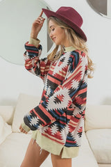 BiBi Aztec Print Mirr Mock Neck Lslv Top OutfitFlow