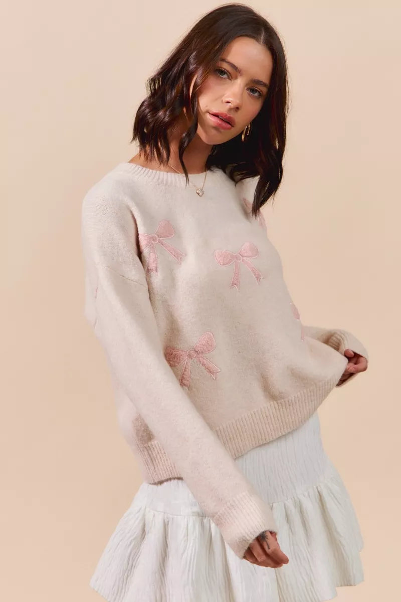 SO ME Embroidered Ribbon Round Neck Sweater OutfitFlow
