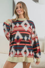 BiBi Aztec Print Mirr Mock Neck Lslv Top OutfitFlow