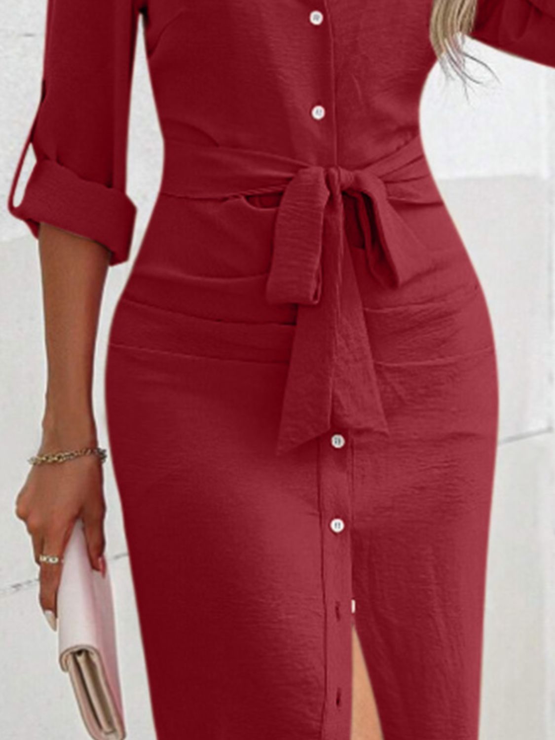 Tied Button Up Collared Neck Roll-Tab Sleeve Dress