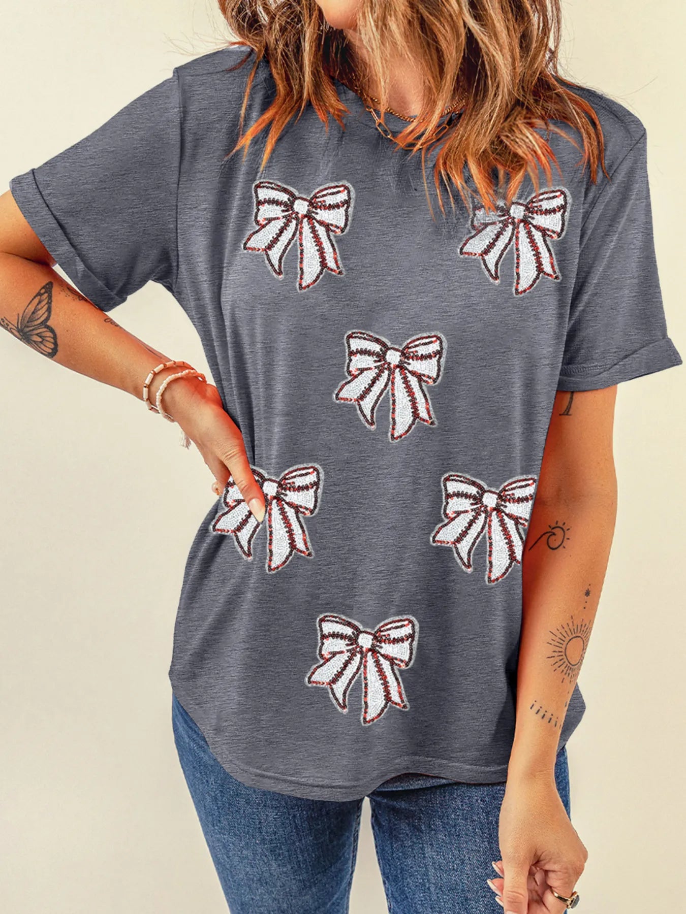 Sequin Bow Short Sleeve Tee OutfitFlow