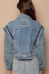 POL Cropped Denim Jacket with Functional Zipper Detail OutfitFlow