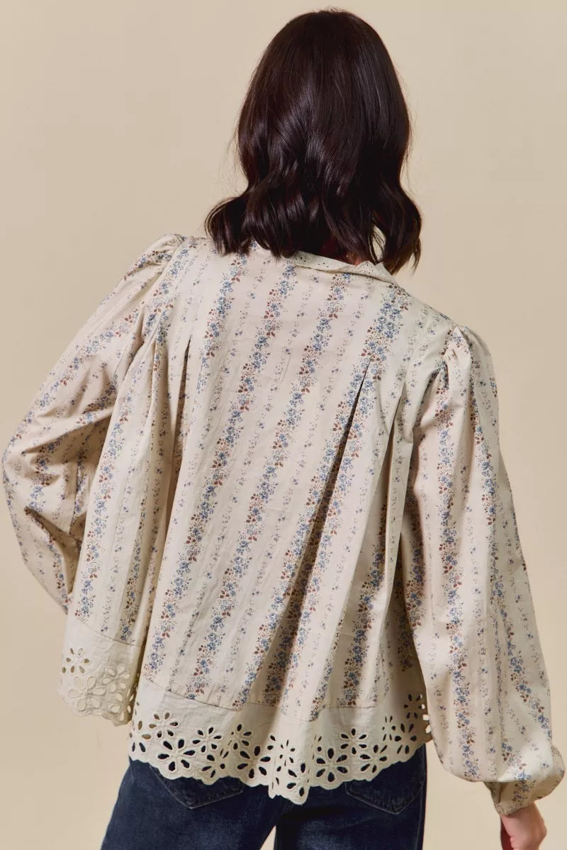 SO ME Floral Print Lace Button Down Shirt OutfitFlow