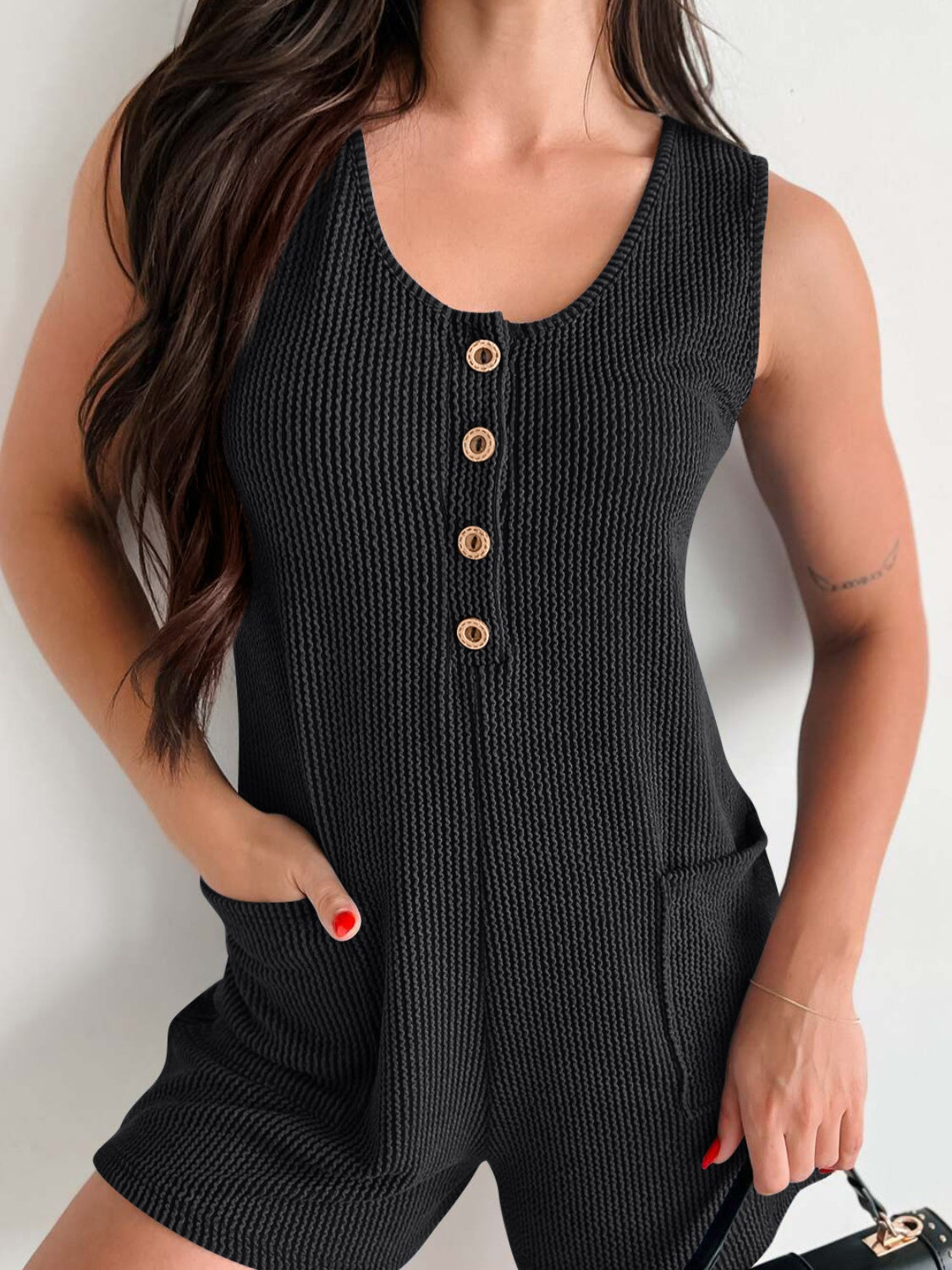 Lovelet Texture Wide Strap Romper with Pockets