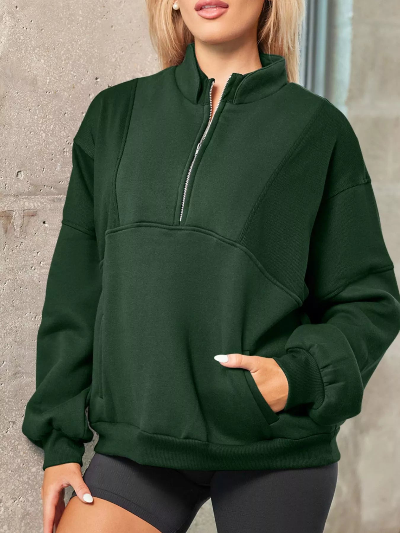 Half Zip Stand Collar Exposed Seam Solid Color Casual Sweatshirt OutfitFlow