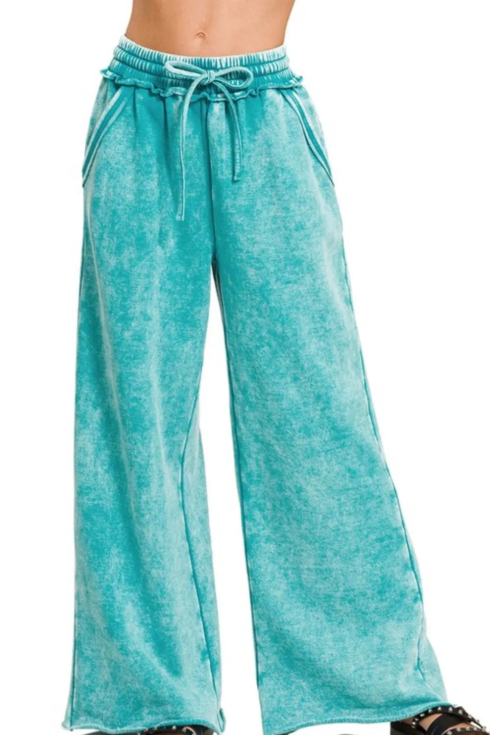 Zenana Acid Wash Fleece Palazzo Sweatpants with Pockets LT TEAL OutfitFlow