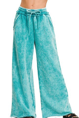 Zenana Acid Wash Fleece Palazzo Sweatpants with Pockets LT TEAL OutfitFlow
