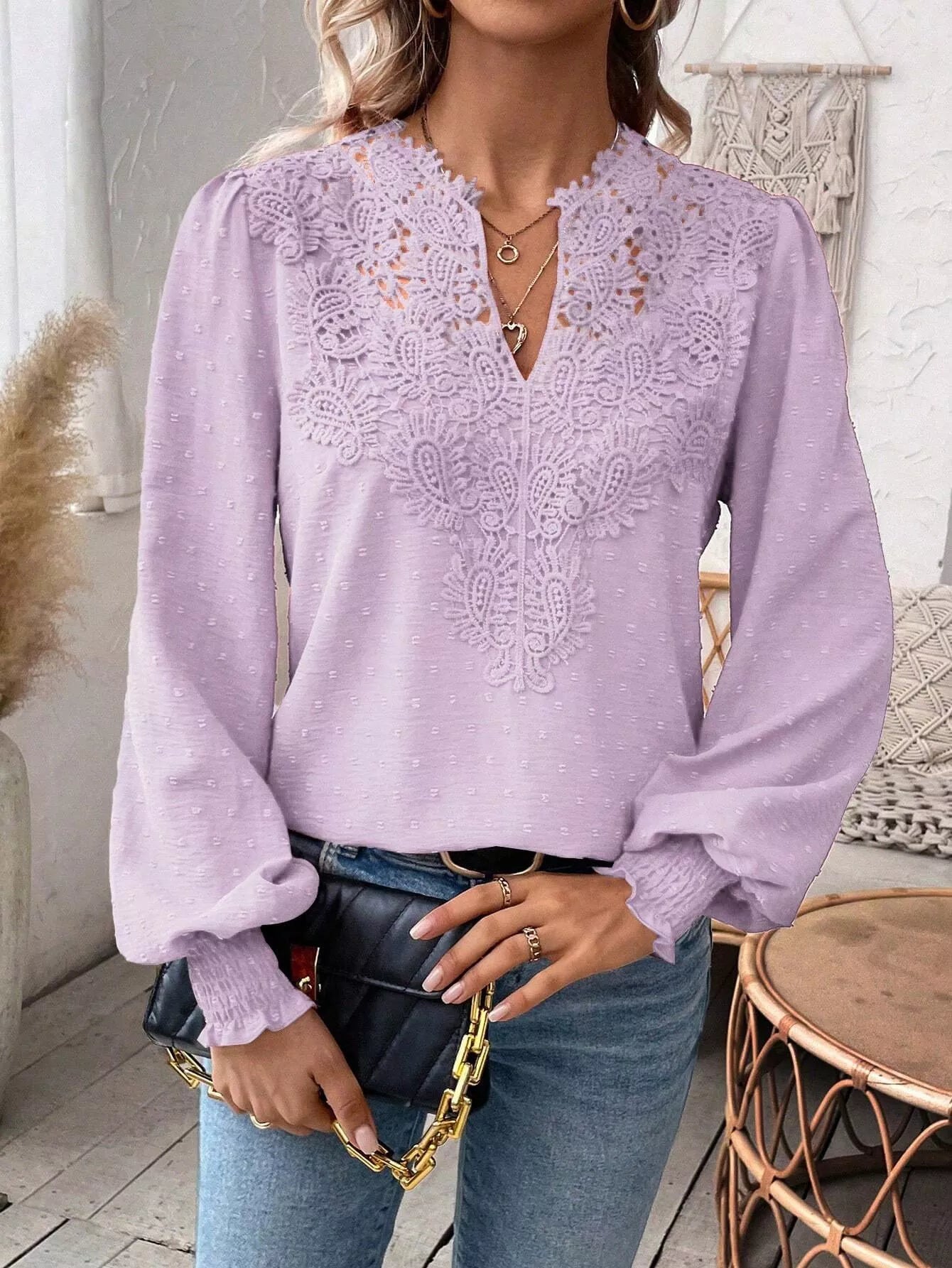 Swiss Dot Lace Detail Long Sleeve Blouse OutfitFlow