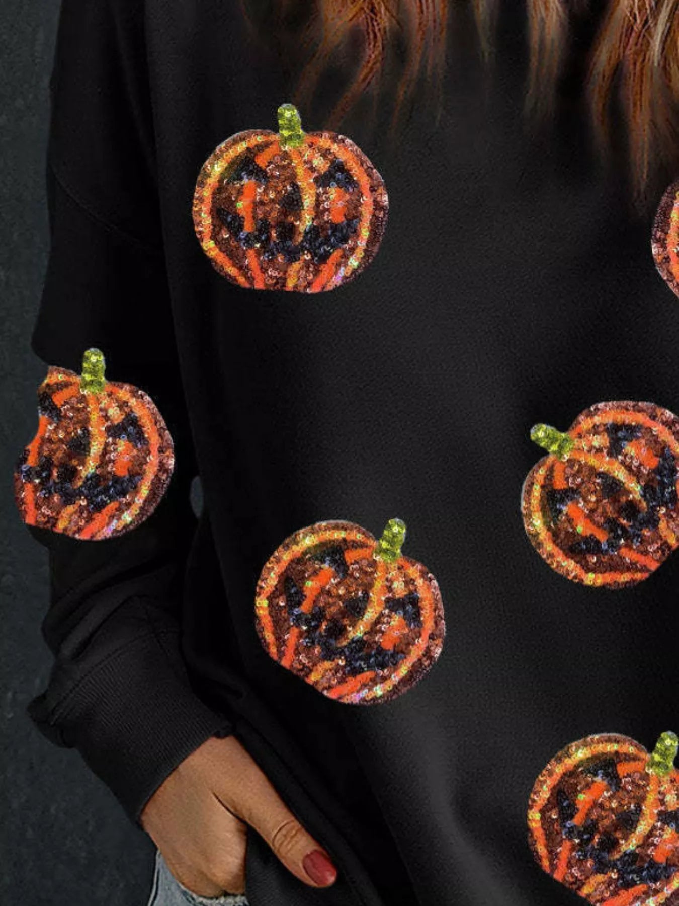 Halloween Sequin Round Neck Long Sleeve Sweatshirt OutfitFlow