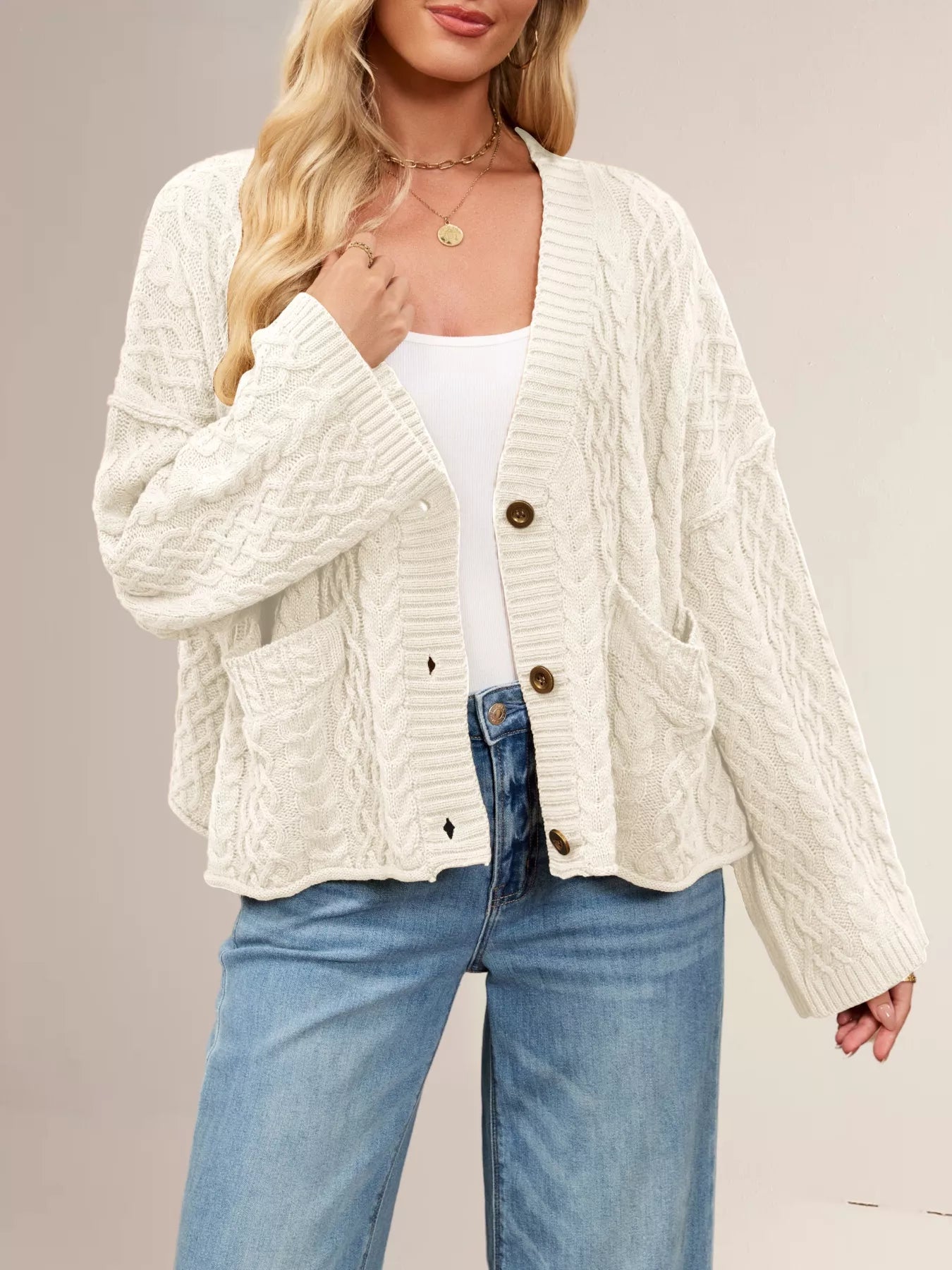 Cable Knit Button-Down Cardigan Beige OutfitFlow