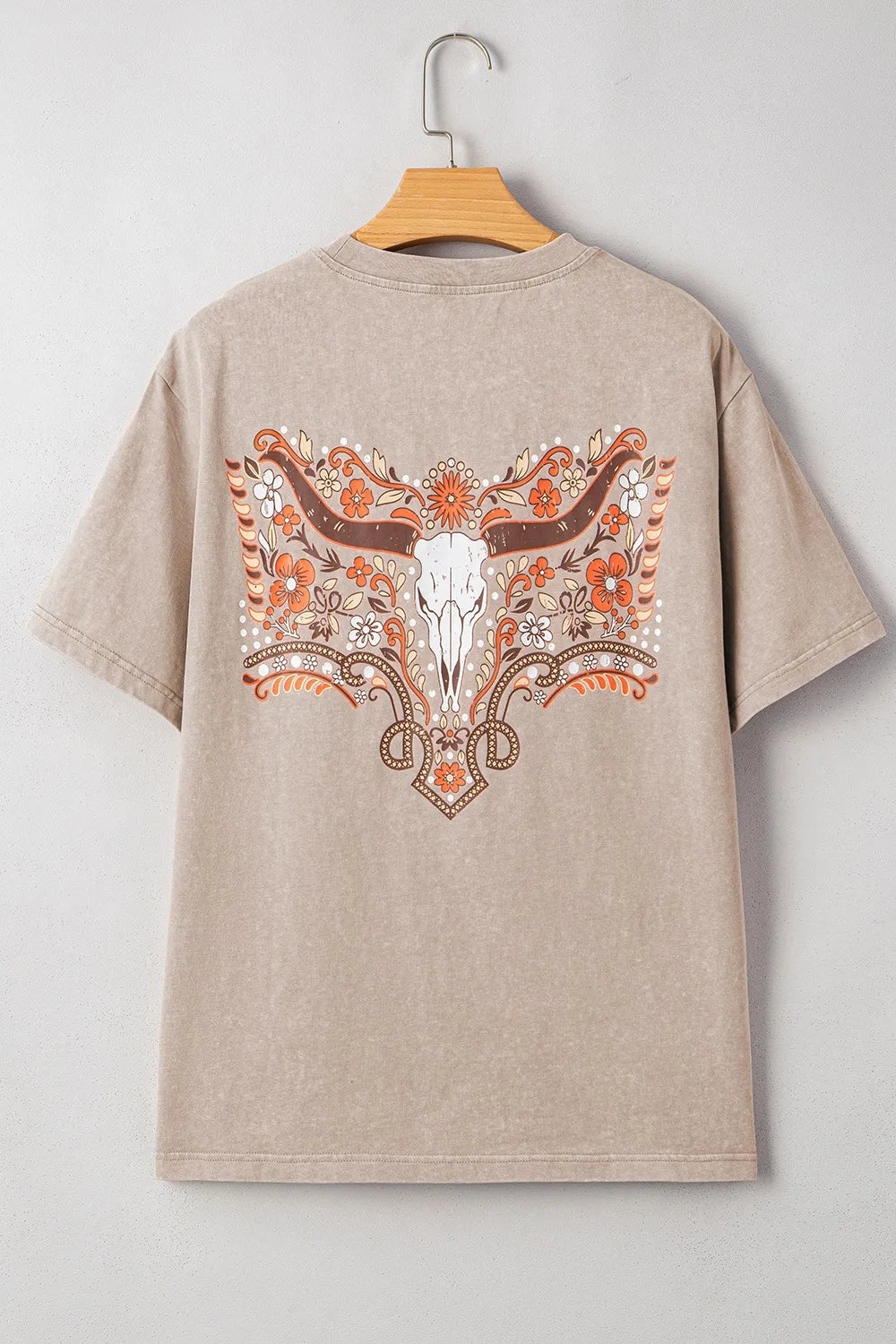 Mineral Wash Floral Steer Head Printed Back Western Fashion Tee OutfitFlow