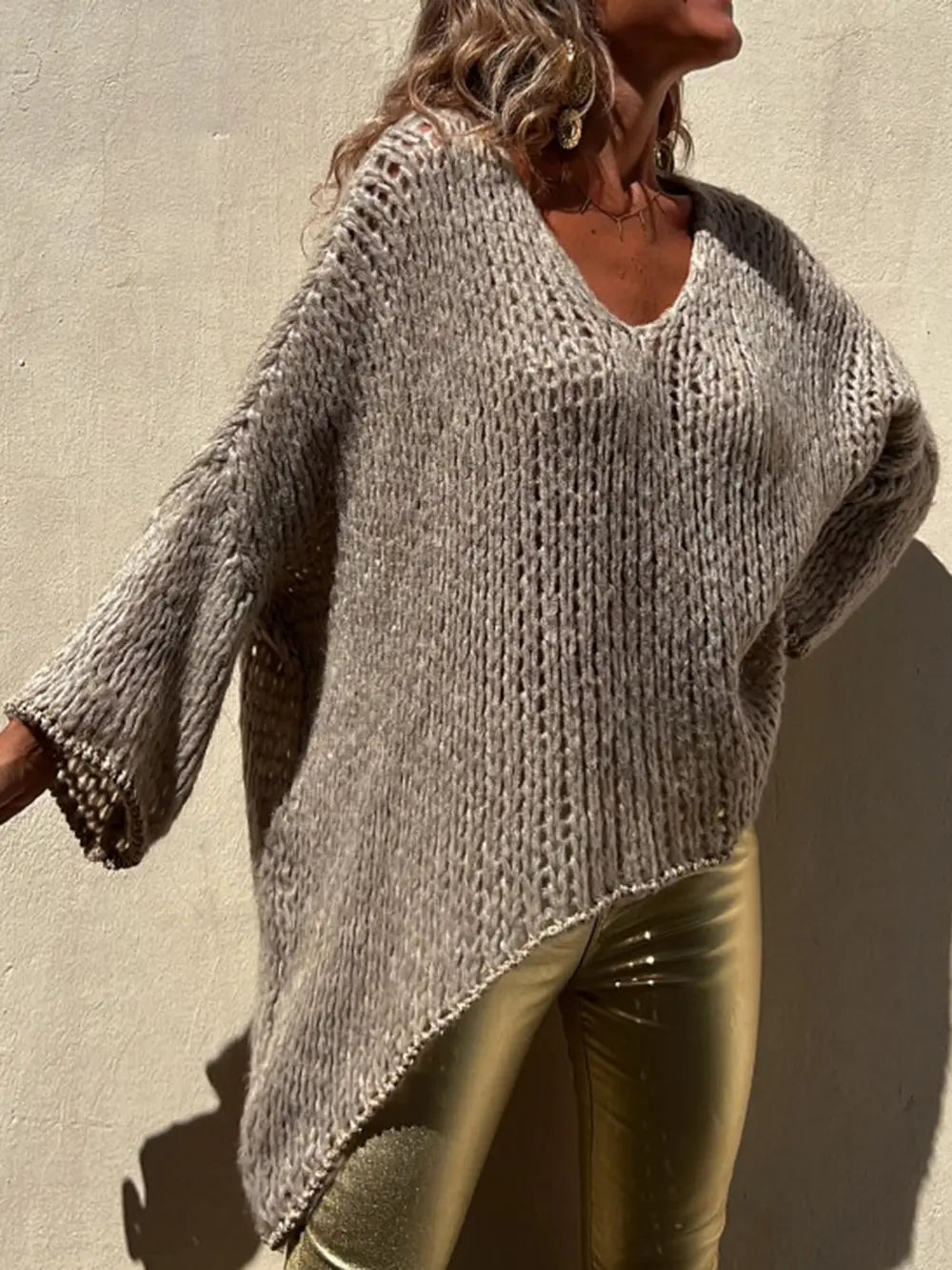 Contrast V-Neck Long Sleeve Sweater OutfitFlow