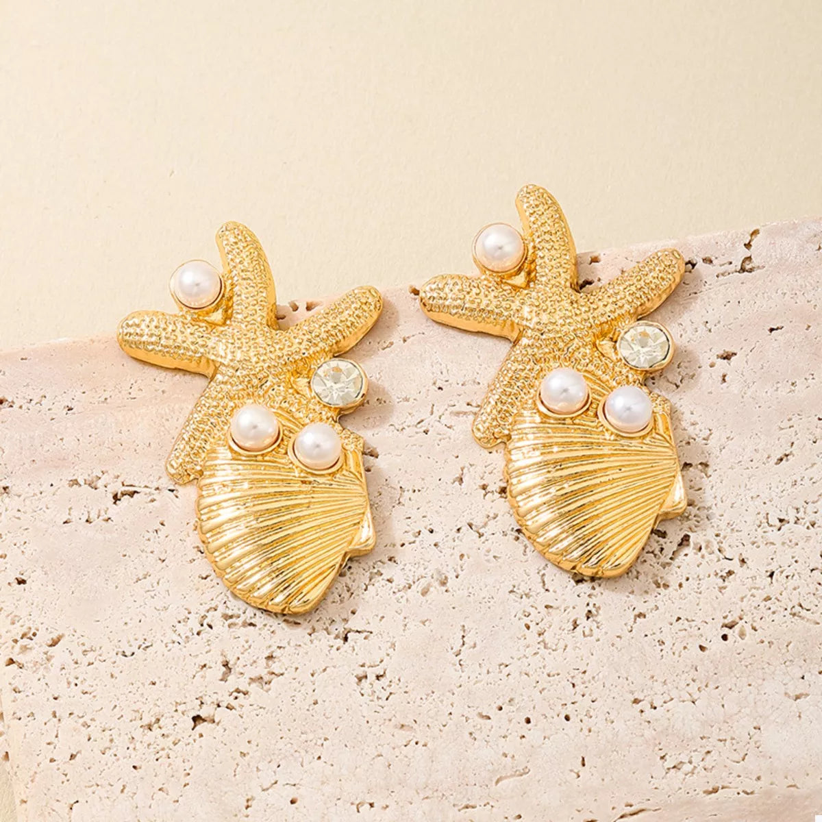 Ocean Starfish Shell Synthetic Pearl Drop Earrings OutfitFlow