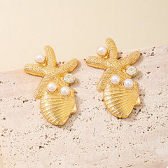 Ocean Starfish Shell Synthetic Pearl Drop Earrings OutfitFlow