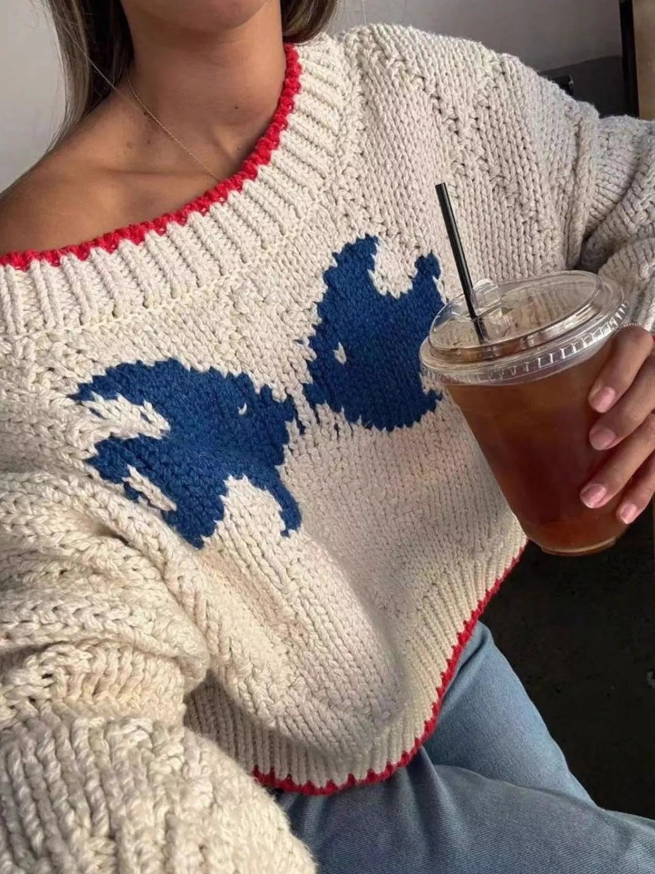 Fish Contrast Trim Round Neck Sweater OutfitFlow