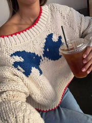Fish Contrast Trim Round Neck Sweater OutfitFlow