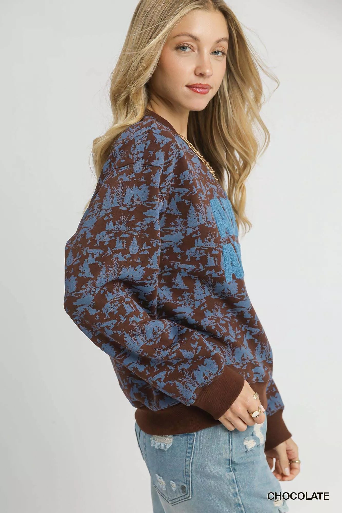 Umgee Scenic Print Cropped Sweatshirt OutfitFlow