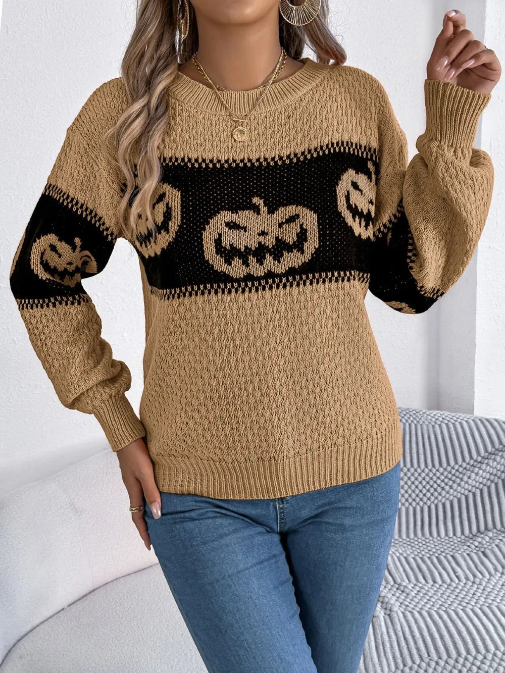 Pumpkin Round Neck Long Sleeve Sweater OutfitFlow