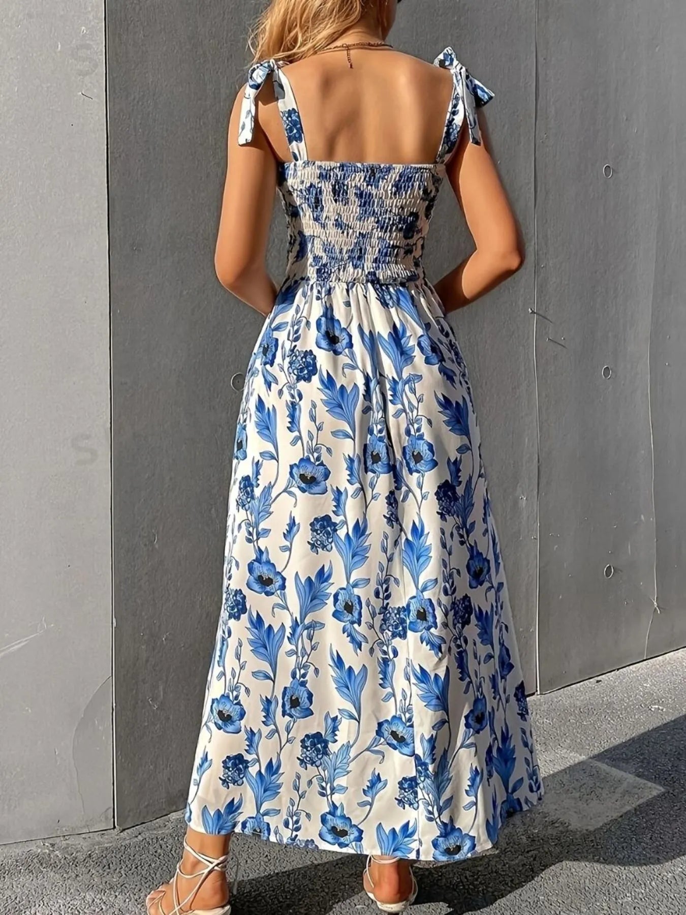 Floral Smocked Midi Dress with Tie Shoulders OutfitFlow