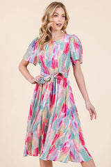Lime 'N' Chili Watercolor Print Tie Front Midi Dress OutfitFlow