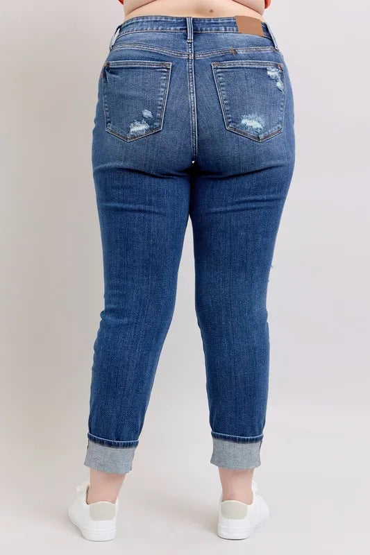 Judy Blue Full Size Midi Rise Boyfriend destroy Jeans with Yoke Pockets and Faux Selvedge Cuff Plus Size OutfitFlow