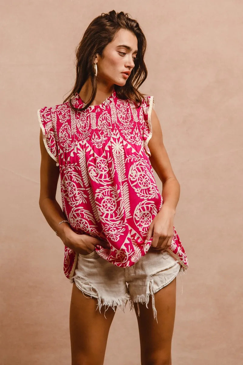 BiBi Printed Ruffle Sleeve Top OutfitFlow