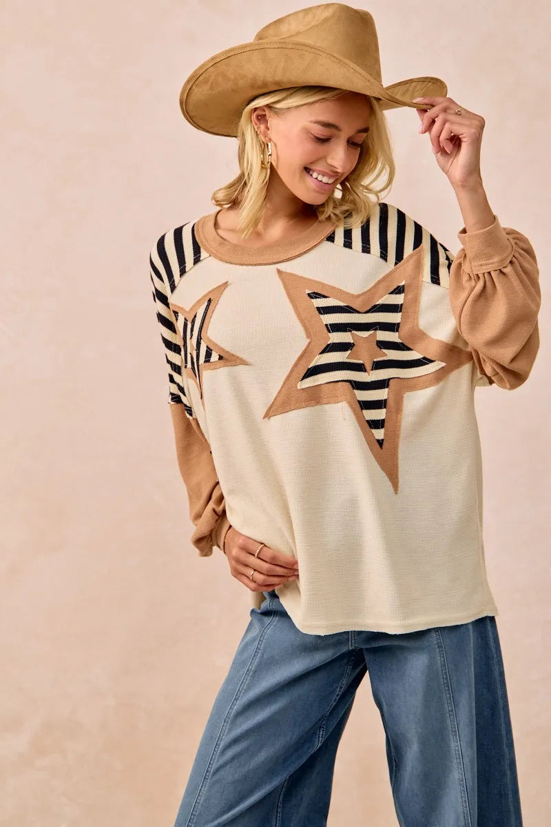 BiBi Star Patchwork Mixed Long Sleeve Top OutfitFlow
